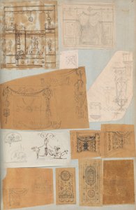 صفحة من دفتر قصاصات تحتوي على رسومات والعديد من المطبوعات المعمارية ، Int ... ، كاليفورنيا. 1800-1850. التأليف: ورشة عمل تشارلز بيرسييه ، ورشة عمل بيير فرانسوا ليونارد فونتين.