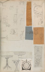 صفحة من دفتر قصاصات تحتوي على رسومات والعديد من المطبوعات المعمارية ، Int ... ، كاليفورنيا. 1800-1850. التأليف: ورشة عمل تشارلز بيرسييه ، ورشة عمل بيير فرانسوا ليونارد فونتين.