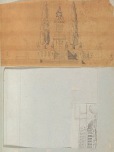 صفحة من دفتر قصاصات تحتوي على رسومات والعديد من المطبوعات المعمارية ، Int ... ، كاليفورنيا. 1800-1850. التأليف: ورشة عمل تشارلز بيرسييه ، ورشة عمل بيير فرانسوا ليونارد فونتين.