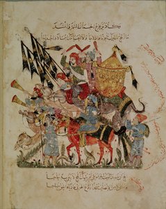 ع 5847 f.94v ، قافلة ذاهبة إلى مكة من "المقامات" بقلم الحريري ، ج .1240 (غواش على ورق)