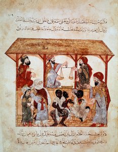 Slave march in Zabid (Zebid), Yemen. Miniature in “” Les Seances. Al-Maqamat” (Folio 105) enluminated by Yahya ben Mahmud al-Wasiti and written by Hariri al-Basri, al-Qasim ibn Ali al (1054-1122)