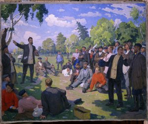 عيد العمال الأول عام 1891 (عيد العمال عام 1891). يوم راحة وتجمع العمال في حديقة مشمسة. لوحة لفيم ميخائيلوفيتش تشيبتسوف (1875-1950) ، زيت على قماش 1935. الفن السوفيتي في القرن العشرين. متحف الدولة الروسية ، القديس بواسطة يفيم ميخائيلوفيتش تشيبتسوف