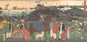أجانب يزورون الموقع الشهير لجبل جونجن في كاناغاوا ، الشهر الثاني ، 1861. بواسطة يوشيكازو