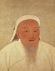 صورة جنكيز خان (c.1162-1227) ، مونغول خان ، مؤسس الأسرة الإمبراطورية ، اليوان ، مما يجعل الصين مركزًا للإمبراطورية المغولية العظيمة (1260-1368) ، (حبر ومرحاض على الحرير ، حرير منقوش بالحرير