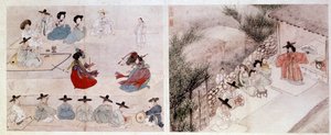 آرت كورن: مشهد قتالي نسائي في الحياة اليومية. طبعات بواسطة Sin Yun Bok (أو Hyewon فعلت في 1758). القرن الثامن عشر أو التاسع عشر. مجموعة هيونغ بيل تشون بواسطة يونبوك سين