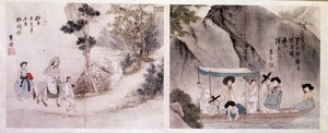 الفن كور: المشي ومشهد القارب. مطبوعات بواسطة Sin Yun Bok (أو Hyewon) (مواليد 1758). القرن ال 18. بواسطة يونبوك سين