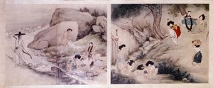 Art coreen: النساء يغسلن ملابسهن ويلبسن أنفسهن ، والنساء يقمن بدورات المياه الخاصة بهن ويستمتعن بأنفسهن. مطبوعات بواسطة Sin Yun Bok (أو Hyewon) (مواليد 1758). مجموعة هيونغ بيل تشون بواسطة يونبوك سين