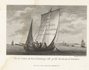 إنجانج توت دي هافن فان دوينكيرك ، كاليفورنيا. 1693-1694 منظر لمدخل ميناء دونكيرك ، كما كان في زمن جان بارت (العنوان على الجسم) مجموعة من معارك جان بارت ، قائد سرب تحت لويس الرابع عشر (عنوان السلسلة) بواسطة إيف ماري لو جوز