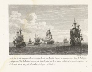 Jan Bart valt Hollandse schepen in de Baltische zee aan، 1675 في نهاية حملة 1675 ، هاجم جان بارت بنفس قرصان 10 بنادق ، مبحرًا في بحر البلطيق ، أسطولًا هولنديًا (...) (العنوان على الكائن ) مجموعة من معارك جان بار بواسطة إيف ماري لو جوز