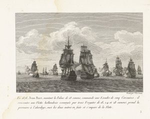Jan Bart valt met zijn eskader een Hollandse vloot aan ، 1676 في 1676 ، قاد جان بارت ، وهو يركب Palme المكون من 18 بندقية ، سربًا من خمسة أفراد من قرصان (...) (العنوان على الكائن) Recueil des Combats de Jean-Bart ، رئيس الطهاة d'Escadre تحت لويس الرابع بواسطة إيف ماري لو جوز