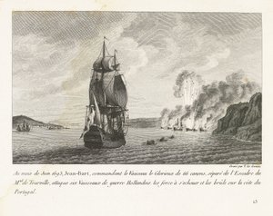 Jan Bart valt zes Hollandse schepen aan voor de kust van Portugal، 1693 في يونيو 1693 ، هاجم Jeaan-Bart قائد Vaisseau le Glorieux المكون من 66 بندقية (...) ست سفن حربية هولندية (...) على ساحل البرتغال (العنوان على الجسم) تسجيل بواسطة إيف ماري لو جوز