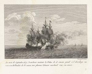 جان بارت verovert een Hollands Fregat ، 1677 في سبتمبر 1677 ، صعد جان بارت على بالمه 18 مدفعًا على متن سفينة هولندية بها 36 مدفعًا ، مع العديد من السفن التجارية تحت قافلته (العنوان على الجسم) مجموعة من المعارك بواسطة إيف ماري لو جوز