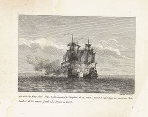 جان بارت verovert een Hollands Fregat ، 1678 في مارس 1678 ، صعد جان بارت ، وهو يركب دوفين 14 مدفعًا ، على متن سفينة هولندية بها 32 بندقية ، وخفر السواحل أمام تيكسل (العنوان على الجسم) مجموعة من معارك جان بارت ، رئيس Es بواسطة إيف ماري لو جوز