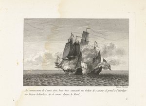 جان بارت verovert een Hollands Fregat bij Texel ، 1675 في بداية عام 1675 ، أمر جان بارت غاليوت من مسدسين: استقل فرقاطة هولندية مكونة من 18 بندقية ، أمام تيكسل (العنوان على الجسم) مجموعة من معارك جان بي بواسطة إيف ماري لو جوز
