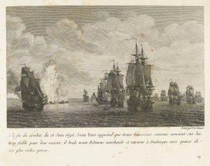Treffen tussen een vloot onder Jan Bart en een Hollandse vloot ، 1696 في نهاية معركة 18 يونيو 1696 ، علم جان بارت أن ثلاثة عشر سفينة معادية (...) وعاد إلى دنكيرك بخمسة عشر من أغنى جائزته (العنوان على الشيء) مجموعة كومبا بواسطة إيف ماري لو جوز