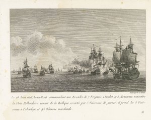 Treffen tussen een vloot onder Jan Bart en een Hollandse vloot ، 1696 في 18 يونيو 1696 ، التقى جان بارت قائد سرب من 7 فرقاطات (...) مع الأسطول الهولندي القادم من بحر البلطيق (العنوان على الجسم) مجموعة من معارك جان بارت ، رئيس Esc بواسطة إيف ماري لو جوز