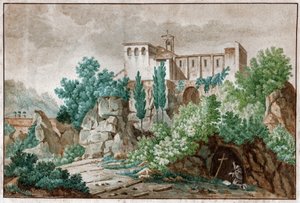 دير في ايطاليا. بيليرين يعبد صليب يسوع المسيح في كهف. حوالي 1850 (ألوان مائية) بواسطة . .