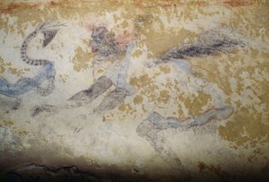 شيطان ، لوحة جدارية ، مقبرة الشياطين الزرقاء ، مقبرة تاركوينيا (قائمة اليونسكو للتراث العالمي ، 2004) ، لاتسيو ، إيطاليا ، الحضارة الأترورية ، القرن الخامس قبل الميلاد (صورة)