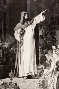 Girolamo Savonarola (1452  1498), Italian Dominican friar preaching against immorality and luxury which would tempt sin, after a work by De Langemantels, from 