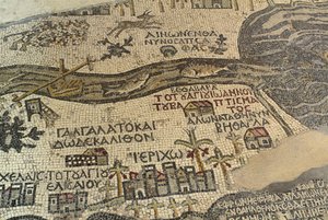 Jericho and its surroundings, including the river Jordan and dead Sea, detail of the Holy Land map, floor mosaic, ca 560 AD, apse of the Basilica of Saint George, Madaba, Jordan, Byzantine civilization, 6th century AD بواسطة جون كونستابل