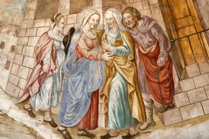 كنيسة نوتردام دي لا أسومبشن دو كوردون. فريسكو. إن زيارة القديسة مريم العذراء هي زيارة مريم مع أليصابات كما هو مسجل في إنجيل لوقا. فرنسا. فرنسا. بواسطة . .