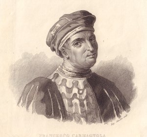 صورة للقائد العسكري الإيطالي فرانشيسكو دا بوسوني المعروف أيضًا باسم كارماغنولا (1380-1432) ، نقش على النحاس بواسطة إي سيلفستري من اللوحة بواسطة سيفيريني سيفيريني