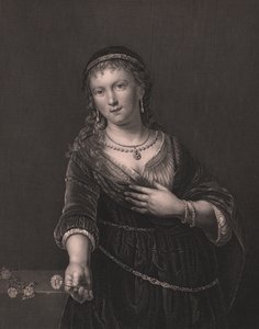 صورة لساسكيا فان أولينبرج (1612-1642) ، زوجة رامبرانت ، نقش دانيال جون باوند من لوحة رامبرانت ، من معرض باين الملكي في دريسدن ، بقلم ألبرت هنري باين ، ناشر إتش باين دريسدن ولايبزيغ ، حوالي عام 1840 بواسطة سيفيريني سيفيريني