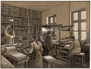 دار الطباعة في بودابست ، المجر: تصفيف وتحضير الكتب. عمل المرأة. كاليفورنيا. 1910 (رسم توضيحي) بواسطة . .