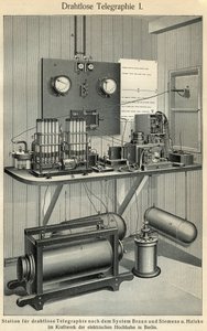 Progress of telecommunications: science and technology board representing an old telegraph station. Illustration taken from “” Meyers Grosses Konversations - Lexikon””” 1904. Bibliographers Institut, Leipzig und Wien بواسطة فرديناند جورج والدمولر