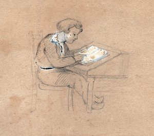 تلميذ في العمل على مكتبه. حوالي عام 1830 (رسم توضيحي) بواسطة . .