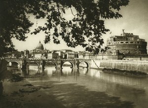 منظر للجسر وقلعة سانت أنجيلو (سانت أنجيلو). على الخلفية كنيسة القديس بطرس (سان بيترو) ، روما بواسطة فرديناند جورج والدمولر