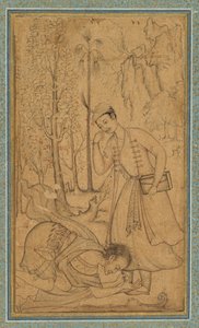 رجل مقدس يسجد نفسه أمام أمير متعلم ، ج. 1585 ، أضاف الحدود ربما 1700. بواسطة مانوهار