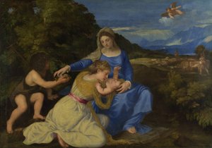 العذراء والطفل مع الرضيع القديس يوحنا وأنثى القديسة أو المتبرعة ("Aldobrandini Madonna") بواسطة تيزيانو فيتشيلي