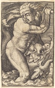 نسخة معكوسة من "Sea-God to the Left Riding on a Dolphin" بواسطة after Barthel Beham