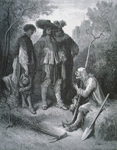 رسم توضيحي للرجل العجوز والشبان الثلاثة ، من خرافات جان دي لافونتين (1621-1695) بواسطة غوستاف بعد دوري