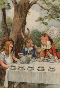 ملصق يصور حفل شاي Mad Hatters من أليس في بلاد العجائب بواسطة بعد جون تينيل