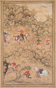 الصيد بالصقور في منظر طبيعي (وجه) بواسطة المنسوب إلى عبد الصمد (بالفارسية ، 1510–1600)