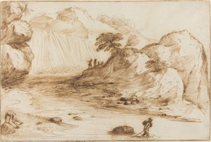 منظر طبيعي مع شلال بواسطة يسمى Guercino Giovanni Francesco Barbieri