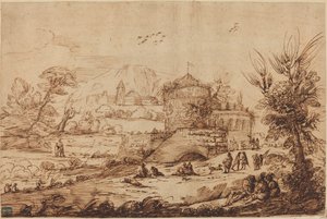 المناظر الطبيعية مع القلعة والنهر بواسطة تسمى Guercino بعد Giovanni Francesco Barbieri
