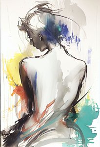 رسم بالألوان المائية يصور امرأة جالسة وظهرها تجاهها بواسطة فشتالي عبد الرحيم