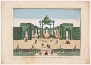 منظر للعريشة والنوافير في حديقة ملك الدنمارك نشرة superbi aedifitii salientium aquarum في hortis Regis Danorum (العنوان على الكائن)