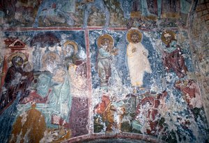 Christ and saints, fresco in Byzantine church of Sotiras Christos, Vlithias, Crete, Greece (photo) بواسطة أو Magno Cesare Magni