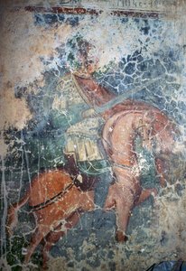 Man on horseback with sword, fresco in Byzantine church of Agios Athanasios, Kefali, Crete, Greece (photo) بواسطة أو Magno Cesare Magni
