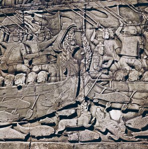 Naval battle between Cham and Khmer, detail of a bas-relief of Bayon Temple (13th century), Angkor Thom, Angkor archaeological site (UNESCO World Heritage List