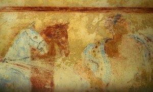 Funeral procession with horses and male figures, fresco, detail, Tomb of the Blue Demons, Necropolis of Tarquinia (UNESCO World Heritage List, 2004), Lazio, Italy. Etruscan civilization, 5th century BC (photo) بواسطة غير معروف غير معروف