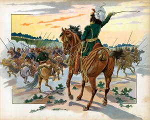 خلال الحملة الروسية ، تقدم يواكيم مراد (1767-1815) بمفرده ضد القوزاق ووضعهم في الخلف بحضوره وحده. نقش لجاك ماري غاستون أونفراي دي بريفيل ديت جوب (1858-1931) بواسطة اسم مستعار لـ Onfray de Breville Jacques Job
