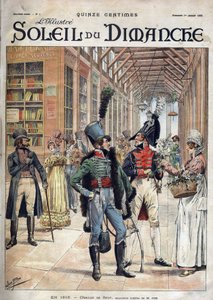 كل واحد زهرته الخاصة. اشترى جندي الزهور من بائعة في معرض مغطى في باريس عام 1816. من لوحة مائية للسيد أيوب. نقش في "Le sun-du-dimanche" ، 1 يناير 1899. بواسطة اسم مستعار لـ Onfray de Breville Jacques Job