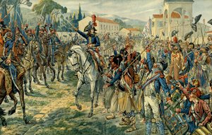 الحملة الإيطالية الأولى (1796-1797): استعرض نابليون الأول بونابرت (1769-1821) الجيش الإيطالي في نيس في 27 مارس 1796. رسم لجاك ماري غاستون أونفراي دي بريفيل Dit JOB (1858-1931). مجموعة خاصة