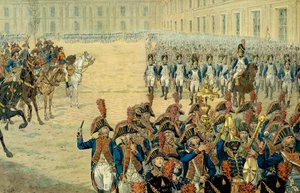 أول مراجعة للحرس القنصلي في فناء التويلري بواسطة نابليون الأول بونابرت (1769-1821). بعد اعتماد الدستور في عام 1800 ، تركت الحكومة نظير لوكسمبورغ لتستقر في التويلري. في يوم تنصيبه ، فيلم Fi بواسطة اسم مستعار لـ Onfray de Breville Jacques Job