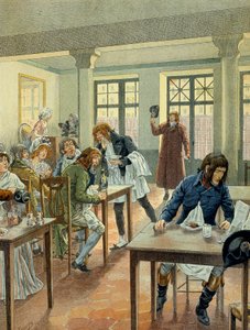 الثورة الفرنسية عام 1789: نابليون الأول بونابرت (1769-1821) شابًا في Gargotier Justat ، من شارع des petits peres (Petits-Peres) في باريس ، تم تقليصه إلى طبق واحد دفع ثمنه 6 تحت الجزء. رسم توضيحي لجاك ماري غاستون أونفراي دي بواسطة اسم مستعار لـ Onfray de Breville Jacques Job